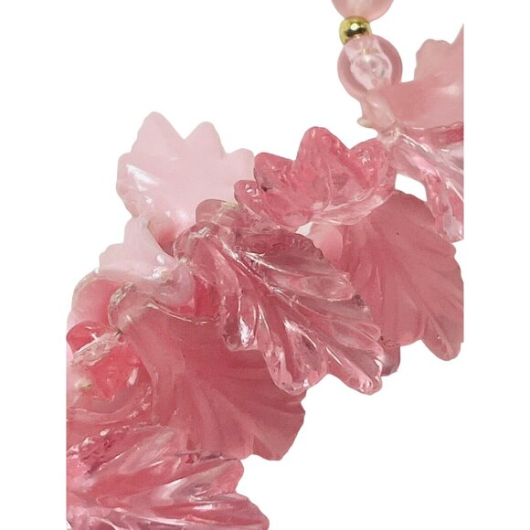 Pink Molded Lucite Leaf Frosted Bead Runway Couture Necklace 24”